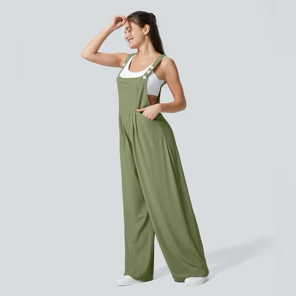 Halara Adjustable Strap Button Multiple Pockets Waffle Casual Overalls Green - Picture 10 of 10